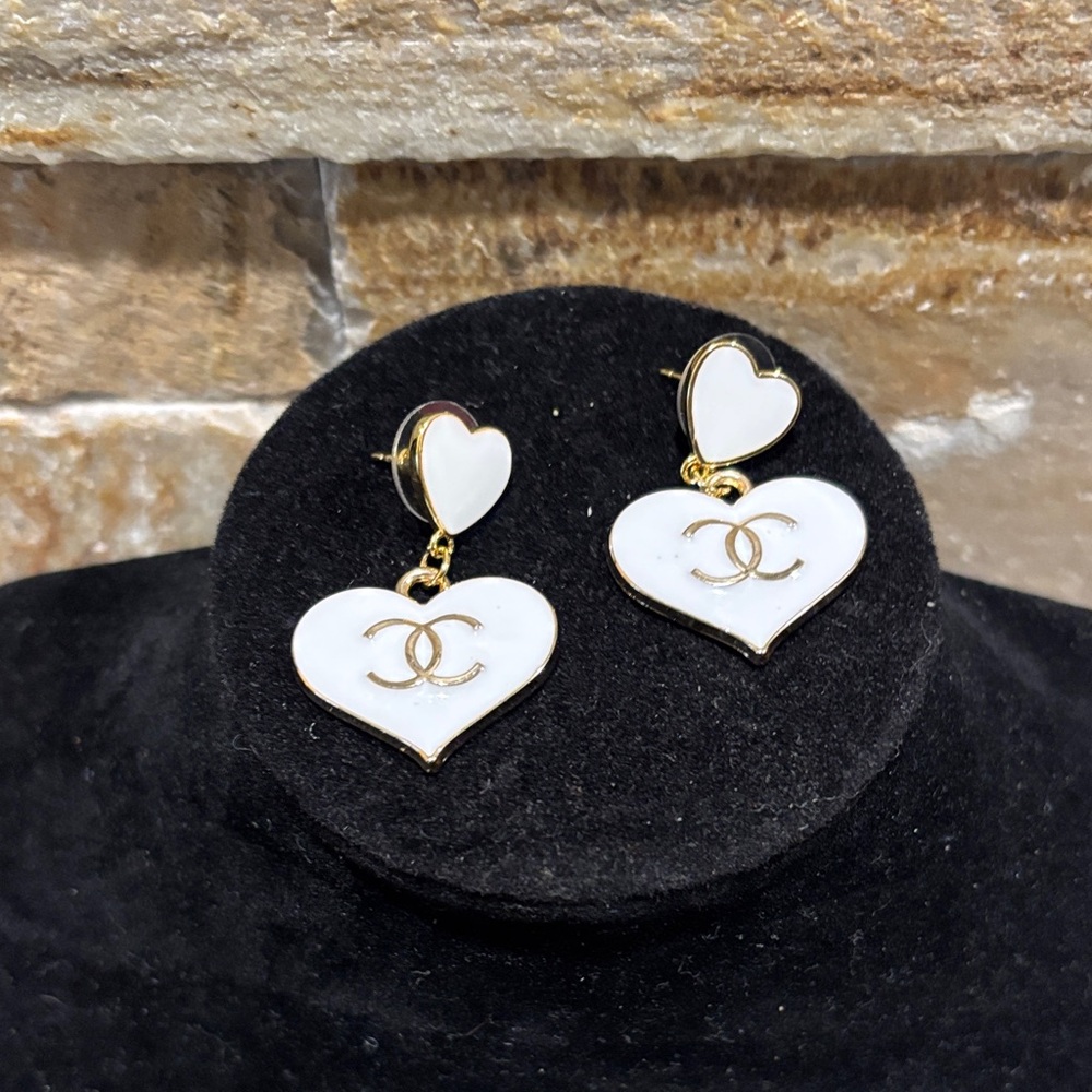Gold and White CC Heart Earrings